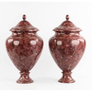 Pair Of Wooden Lidded Vases Painted In The Imitation Of Porphyry 20thc. ( 62 Cm )