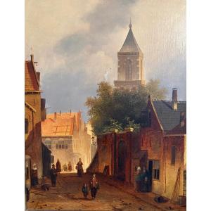 Peinture « Vue d'une vieille ville hollandaise » huile sur panneau XIXe siècle