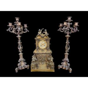 Romantic Napoleon III Bronze Clock Set