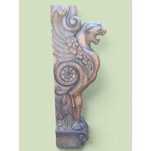 Large ( 127 Cm ) Empire-style "winged Panther" Oak Sculpture, Late 19th Century.