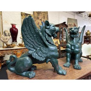 Pair Of Large Empire Style Mythological Winged Lions In 20th Century Cast Iron.