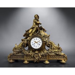 Très grande pendule ( 80 cm ) « Neptunes » en bronze, XIXe siècle.