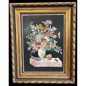 Peinture, « Nature morte aux fleurs » en scagliola, XIXe siècle