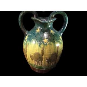Vase Of Cats And Stars Earthenware Circa 1930 Art Deco