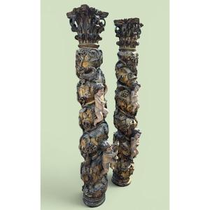 Pair Of Large Turned Columns With 17th Century Capitals.