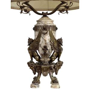 Pied de lampe « Sphinx mythologiques » en bronze / marbre 1920