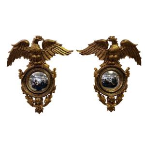 Pair Of Decorative “eagles” Mirrors Made Of Gilded Wood, Late 19th Century.