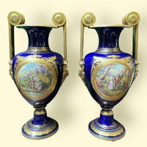 Pair Of Beautiful Empire-style Vases In Sèvres Porcelain, 20th Century.
