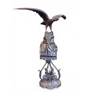 Large Eagle On A Rock And Wrought-iron Base, 19th Century. (200 Cm)