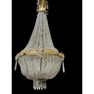 Grand Lustre " Sac à Perle " En Bronze Et Cristal Fin 19ème.