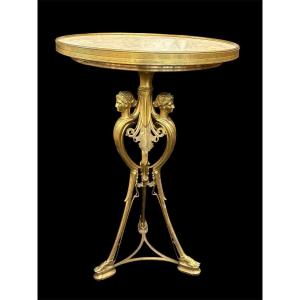 Gilded Bronze And Marble Pedestal Table, Signed By F. Barbedienne, 19th Century.