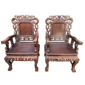 Pair Of Asian Armchairs Made Of Solid Wood, 20th Century.