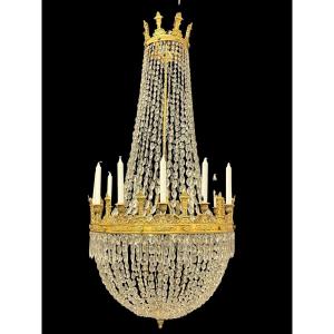 Très grand lustre ( 148 cm ) « sac à perles » de style Empire, vers 1900
