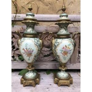 Pair Of Porcelain And Gilded Bronze Vases, Late 19th Century.