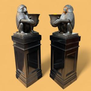 Pair Of Large Art Deco-style "baboons" Bronze Lamps