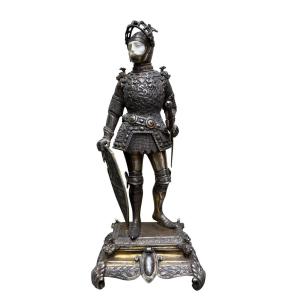 Beautiful Silver Sculpture Of A "knight In Armor," Hanau, 19th Century.