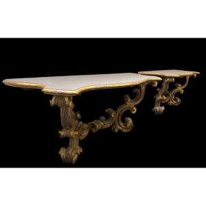 Pair Of Large Gilded Wooden Console Tables, Italy, 18th Century.