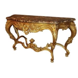 Large 4-legged Louis XV-style Console Table In Gilded Wood, 19th Century.