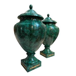 Pair Of Wooden Vases (70 Cm) Painted To Resemble Malachite, 20th Century.