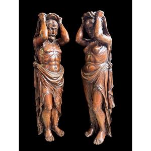 Pair Of Renaissance-style Sculptures / Caryatids Made Of Oak, Early 19th Century