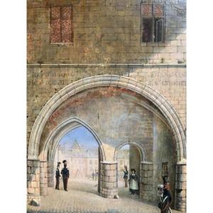 Petite Peinture H/p Scène " Caserne " Vers 1800