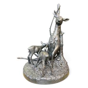 A Very Large ( 123 Cm ) 19th-century Bronze Sculpture Titled “a Doe Caught In A Snare.”