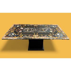 Grande table italienne en marbre avec pierres semi-précieuses colorées, XXe siècle