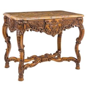 Table Centrale En Chêne Richement Sculpté Avec Un Plateau En Marbre Circa 1900