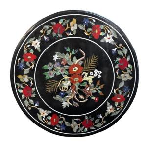 Grand Plateau De Table Rond En Pietra Dura Italien Avec Floral , 20ème.