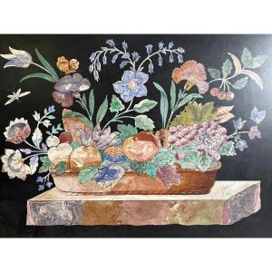Painting, “still Life With Flowers” In Scagliola, 19th Century