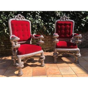 Rare Pair Of Large "cordes" Armchairs, Late 19th Century.
