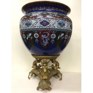 Grande Cashe-pot , Jardinière En émaille Cloisonné / Bronze 19ème.