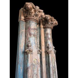 A Pair Of Large Decorative Wooden Columns With 19th-century Capitals.