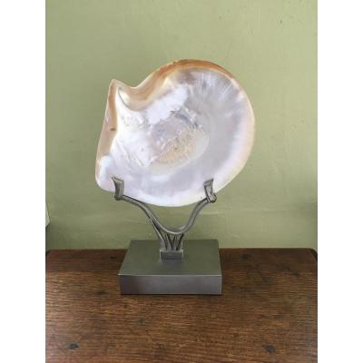 Large Mother Of Pearl Shell Mounted On A Beautiful Pedestal.