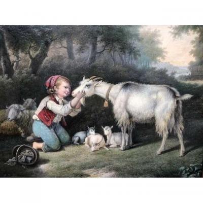 Petit tableau "jeune homme aux animaux" dans cadre doré 19ème.