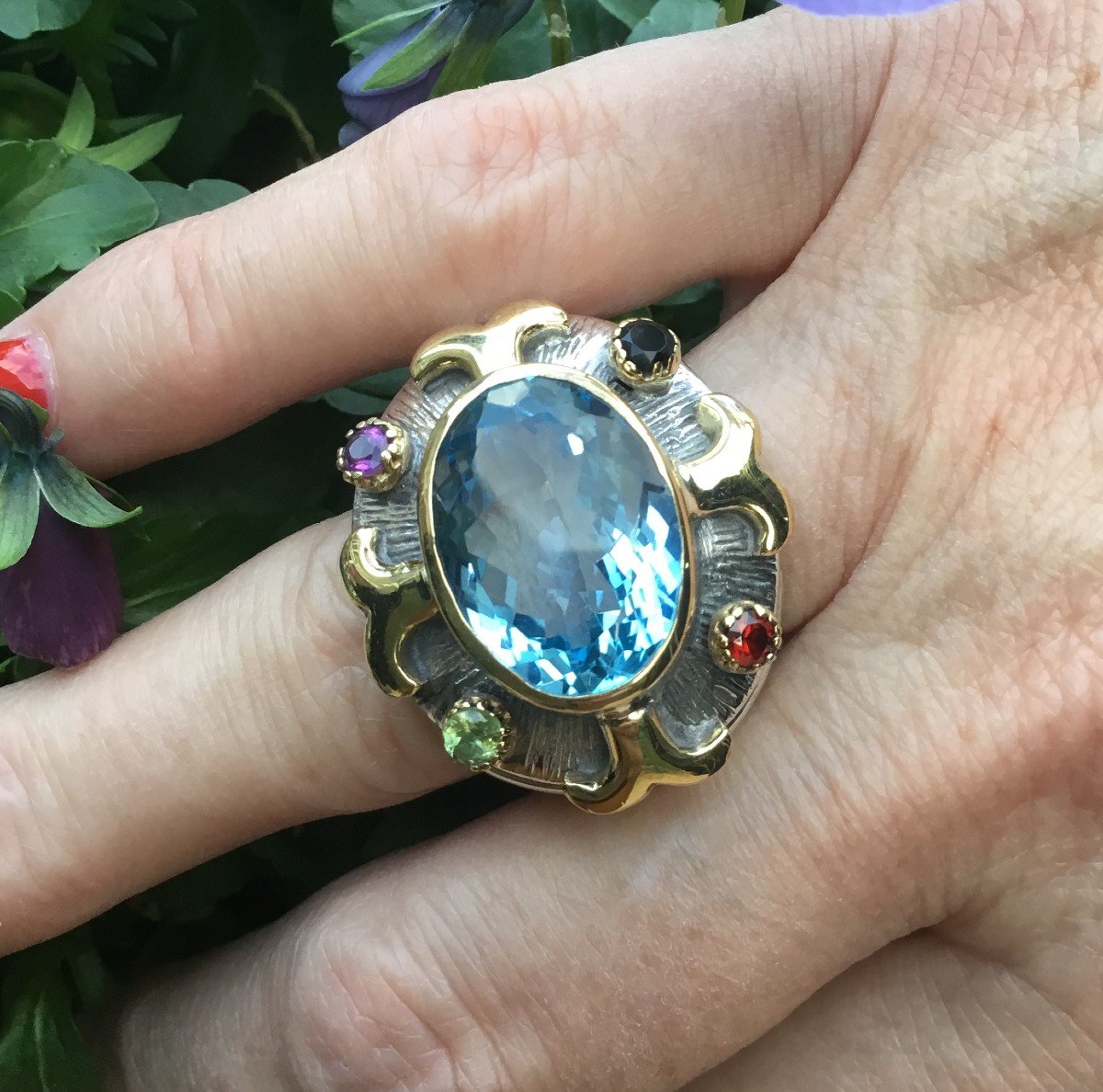 Silver Ring, Vermeil, Topaz And Fine Stones