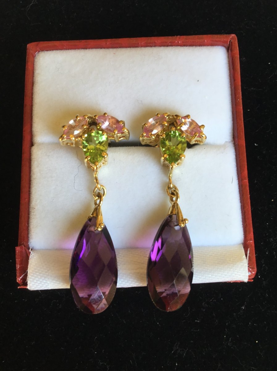 Gold Earrings, Morganites, Peridots And Amethysts-photo-2