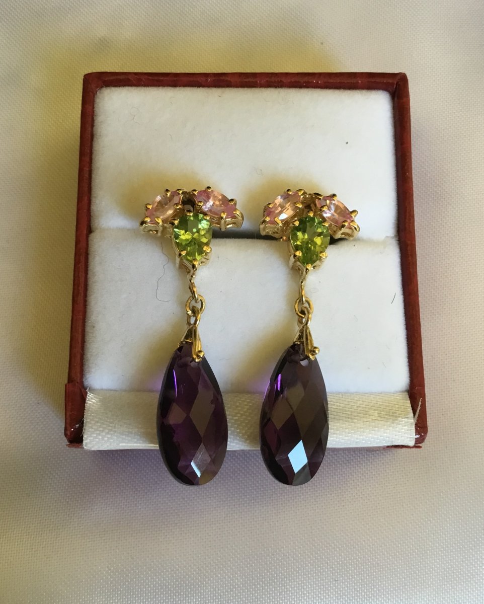 Gold Earrings, Morganites, Peridots And Amethysts-photo-3