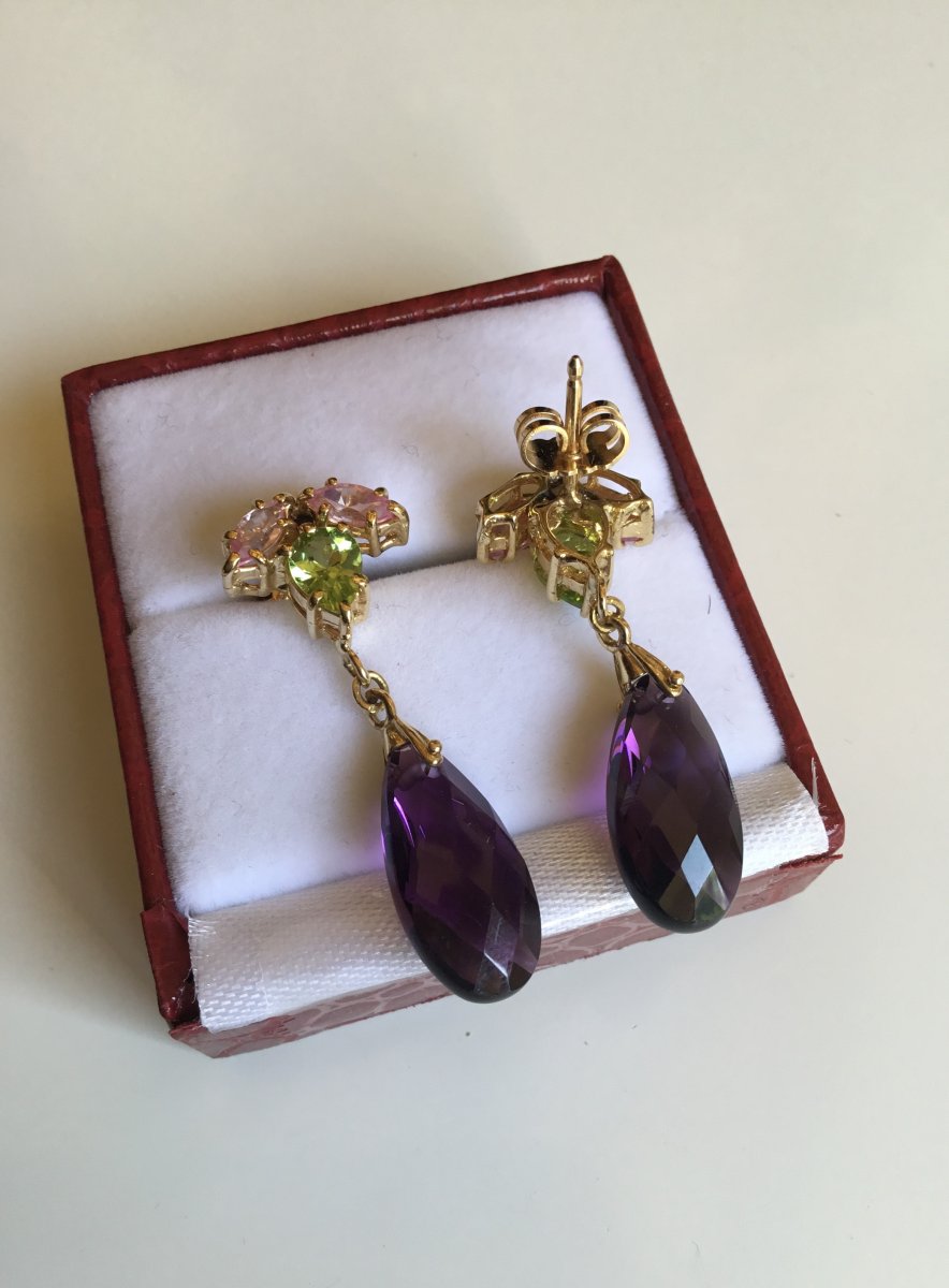 Gold Earrings, Morganites, Peridots And Amethysts-photo-4