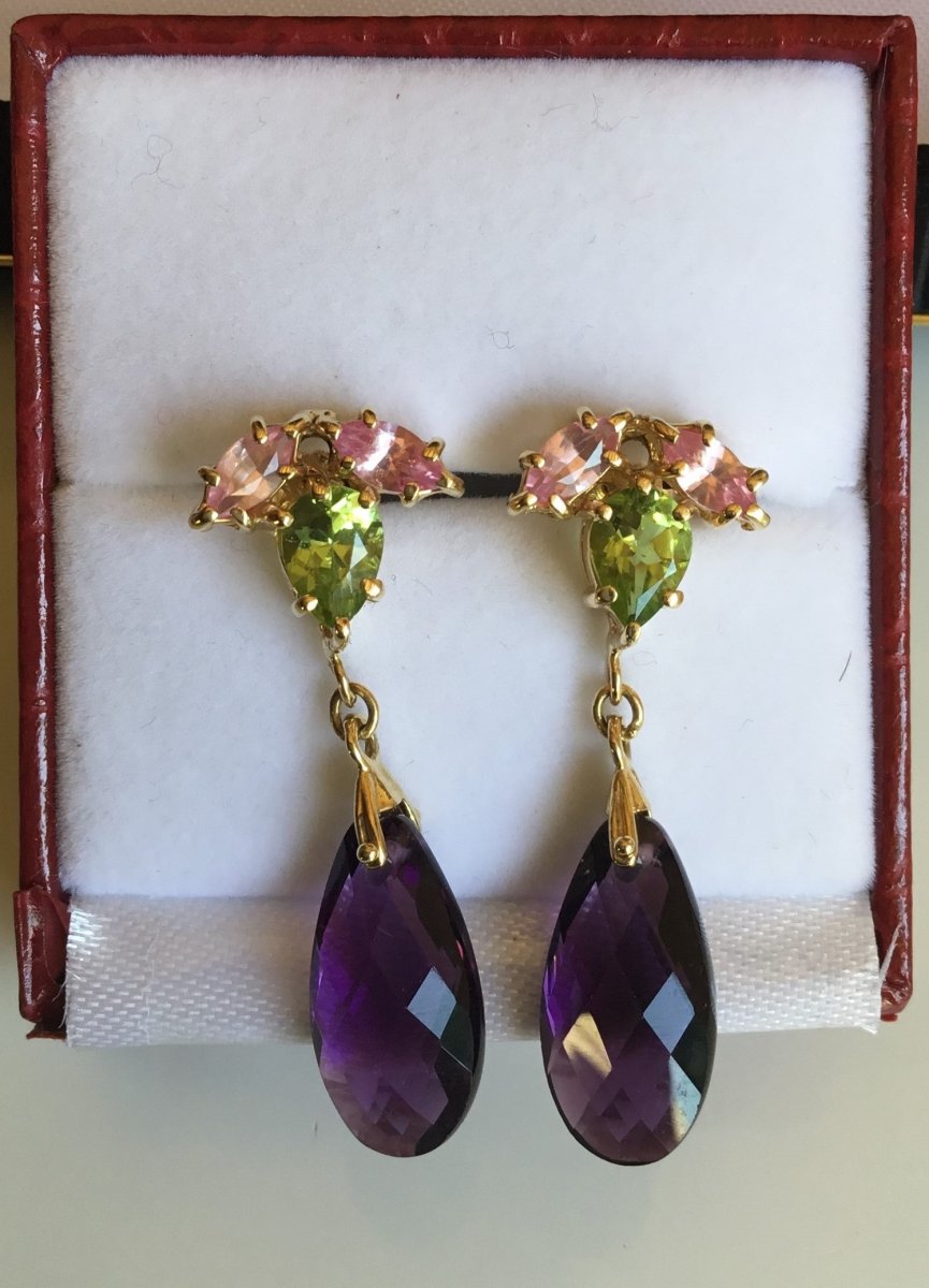 Gold Earrings, Morganites, Peridots And Amethysts