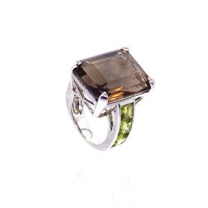 Smoky Quartz Enhanced With A Diamond In Each Prong And Peridot