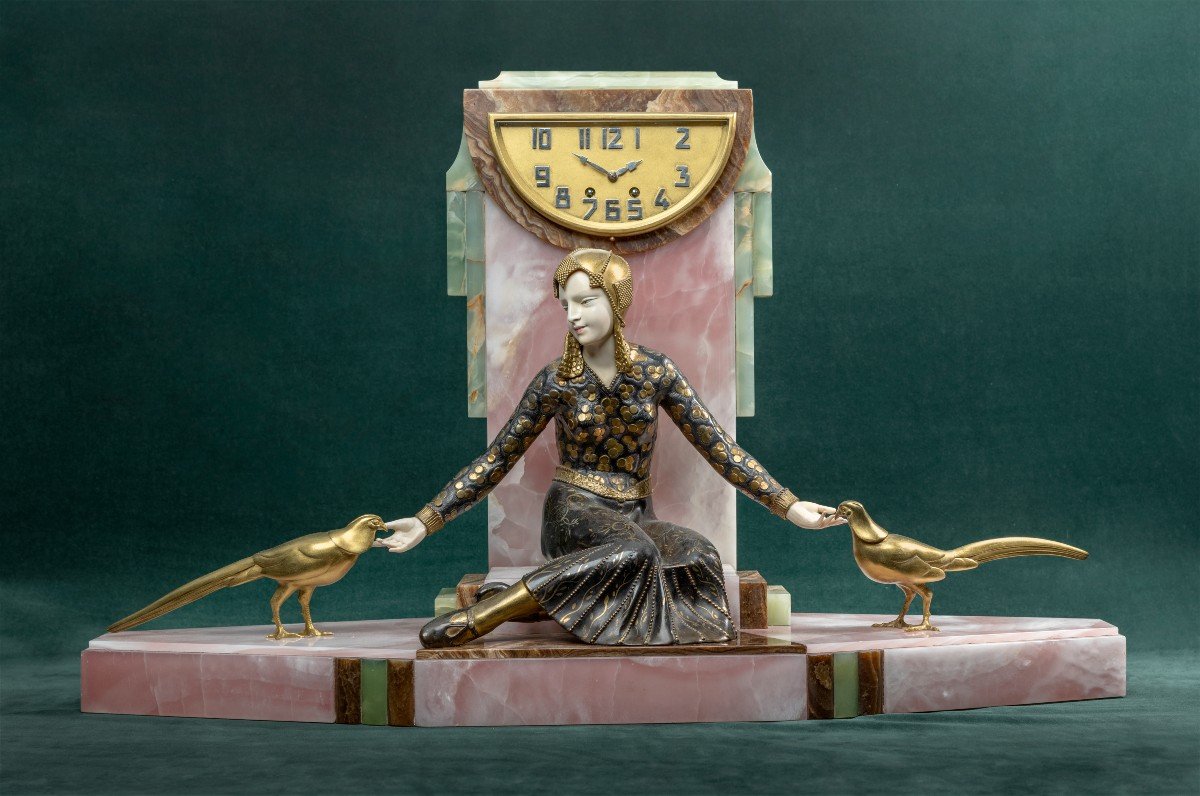 Art Deco Pendule Van George Gori "femme Aux Perdrix"