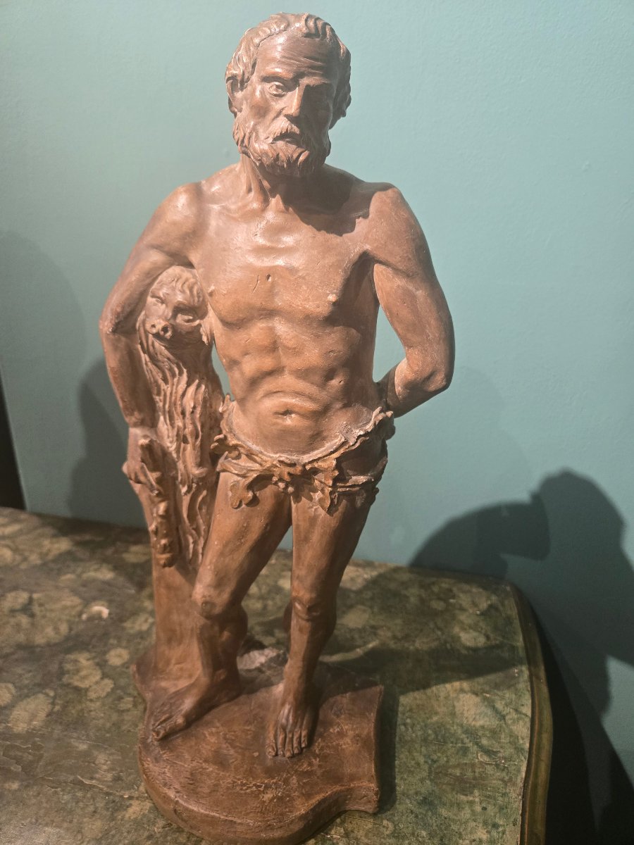 Sculpture en terre cuite, Hercule , h cm 47 , epoque Louis XVI,  tres bon etat de conservation-photo-3