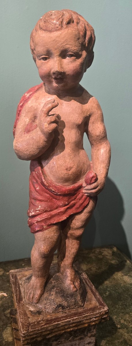 Lacquered And Painted Wooden Sculpture, 17th Century, San Giovannino, In Good Condition -photo-2