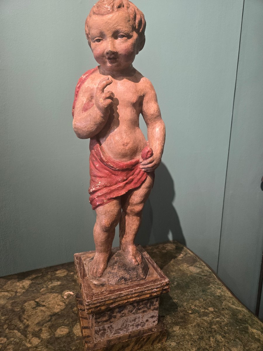 Lacquered And Painted Wooden Sculpture, 17th Century, San Giovannino, In Good Condition -photo-3