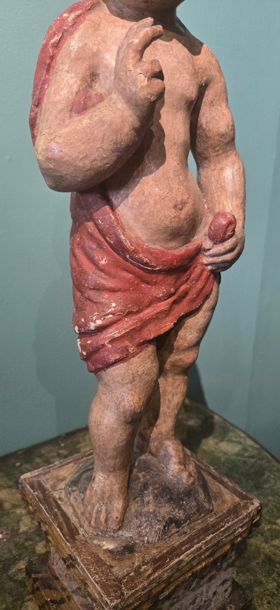 Lacquered And Painted Wooden Sculpture, 17th Century, San Giovannino, In Good Condition -photo-4