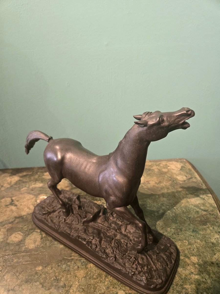 Couple de chevaux cabres en bronze a patine sombre, XIX siecle bon etat , cm h 26 x 30-photo-2