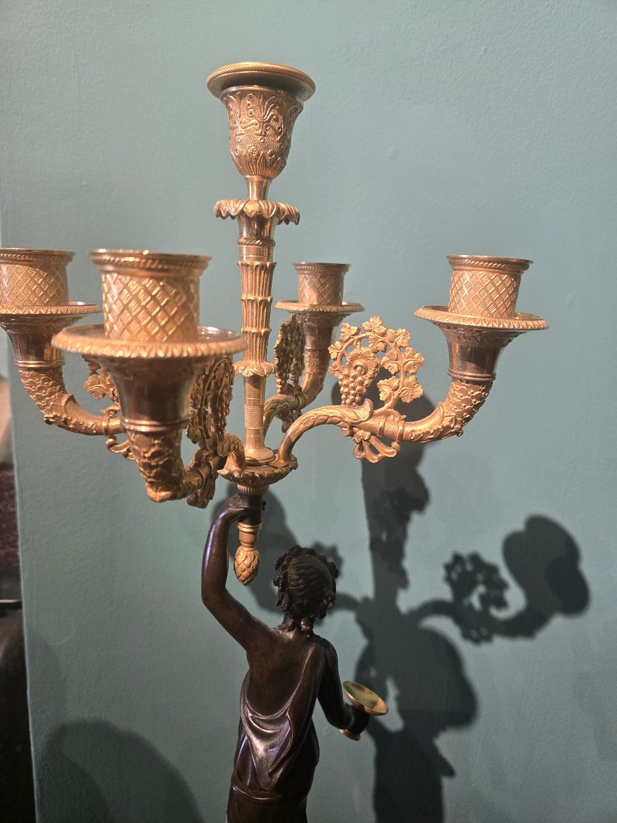 A Pair Of Beautiful 5-candle Candelabra In Burnished And Gilded Bronze From The Empire Period -photo-2