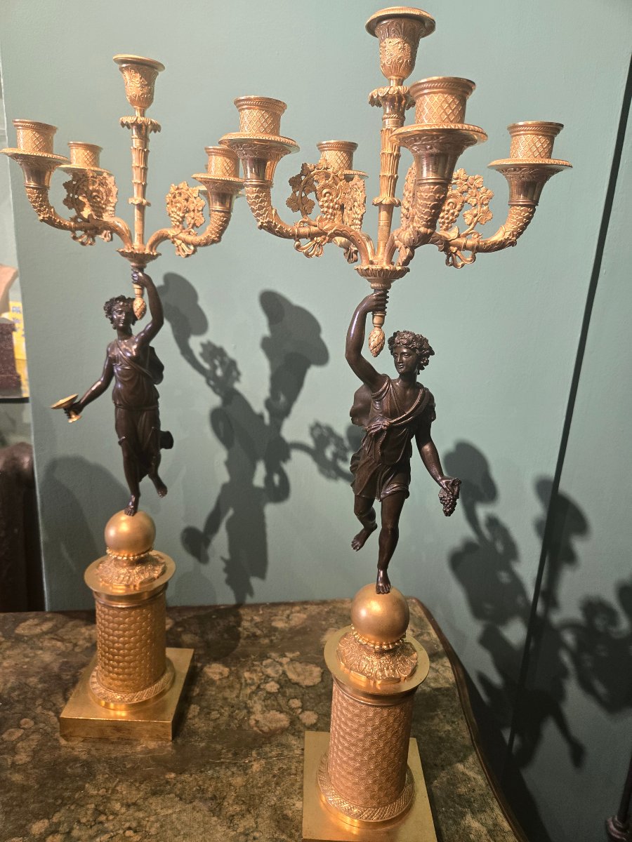 A Pair Of Beautiful 5-candle Candelabra In Burnished And Gilded Bronze From The Empire Period 