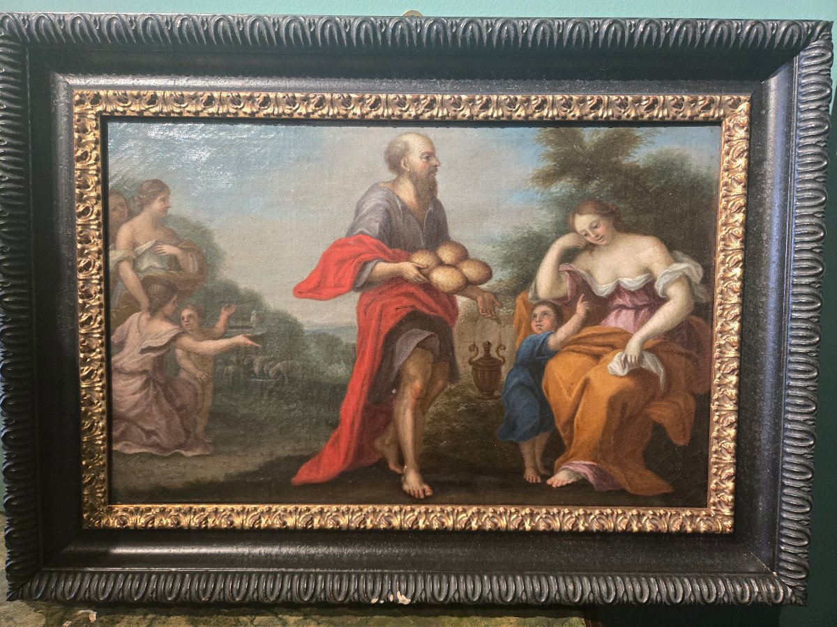 Paire de peintures a l'huile sur toile, scenes bibliques, cm  47 x 32 XVIII siecle  bon etata-photo-2